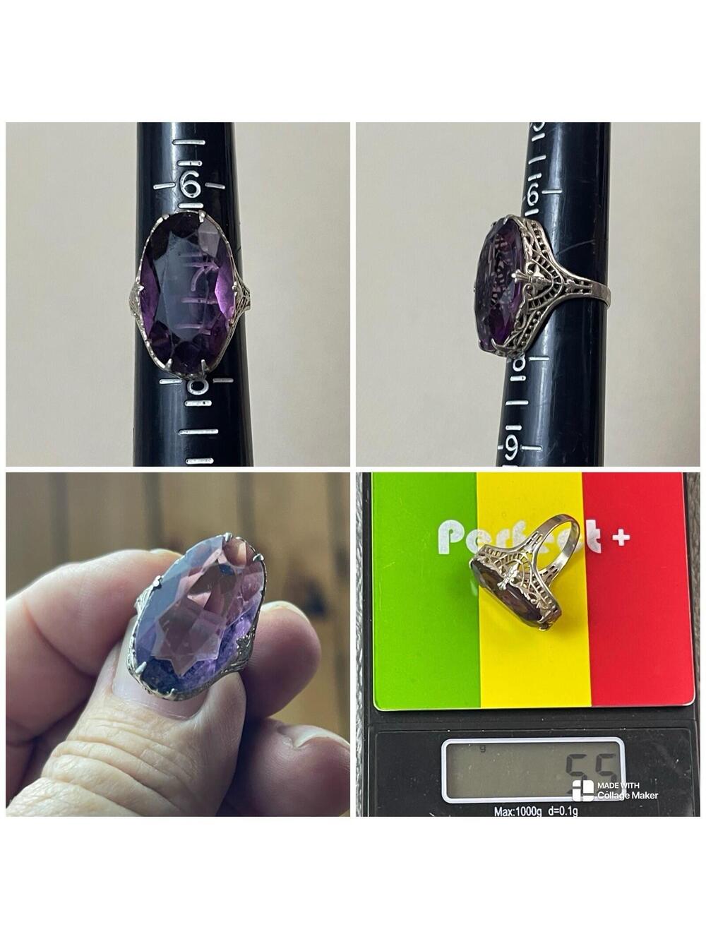 Vtg Sterling Silver Filigree Ring Faceted Amethyst Glass Art Nouveau Sz 7.25